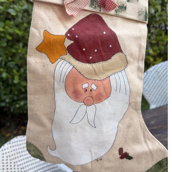 Vintage 1995 Hand Painted Signed Christmas Stocking Santa Fabric Bow Folk Art - Picture 4 of 6